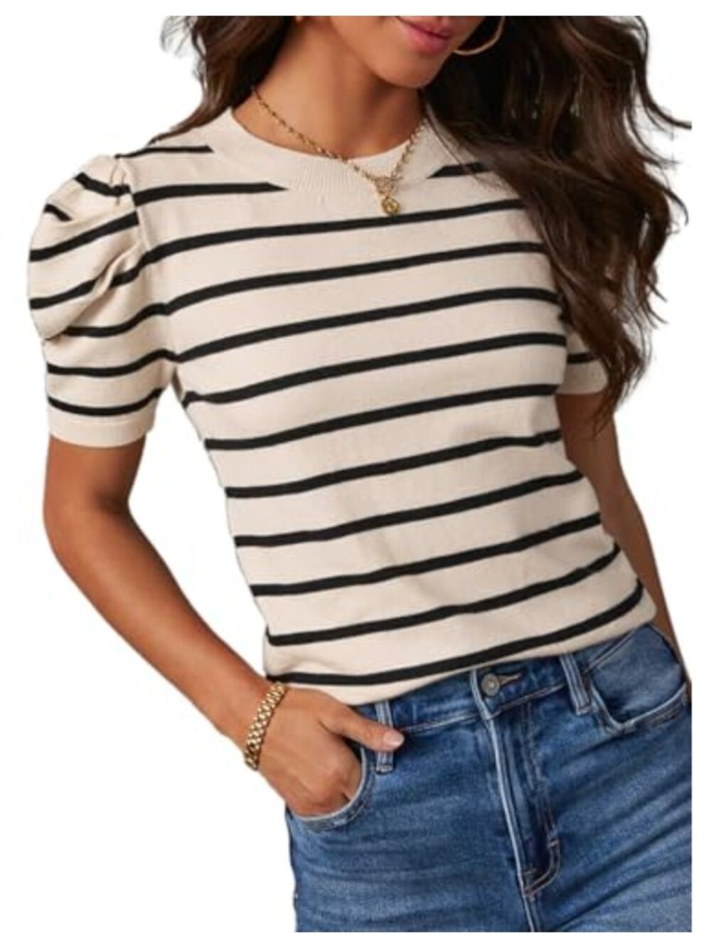 Women's Puff Short Sleeve Knit Striped Tunic Top Crewneck Summer Blouse